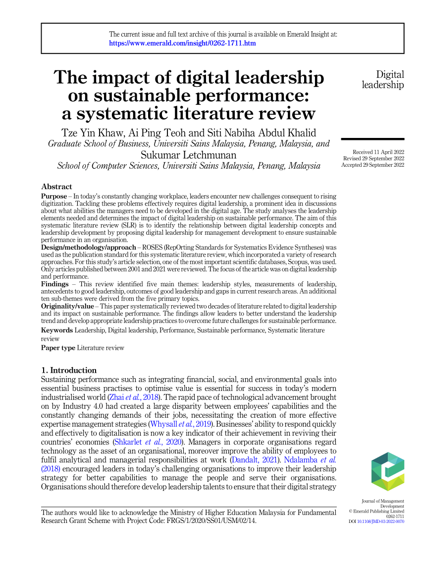 sustainable leadership a literature review and prospects for future research