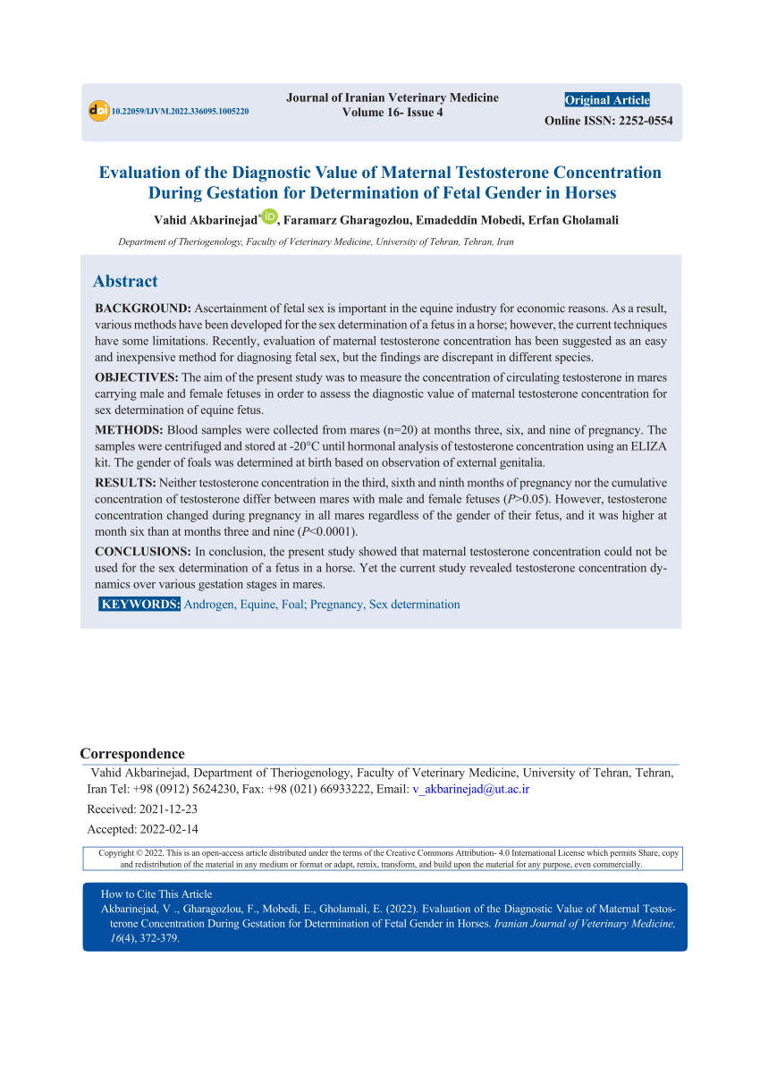 PDF) Evaluation of the Diagnostic Value of Maternal Testosterone  Concentration During Gestation for Determination of Fetal Gender in Horses