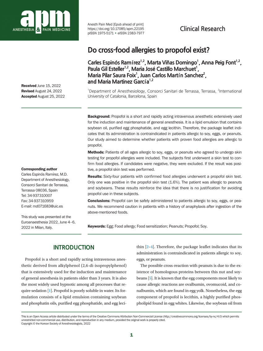 PDF Do cross food allergies to propofol exist