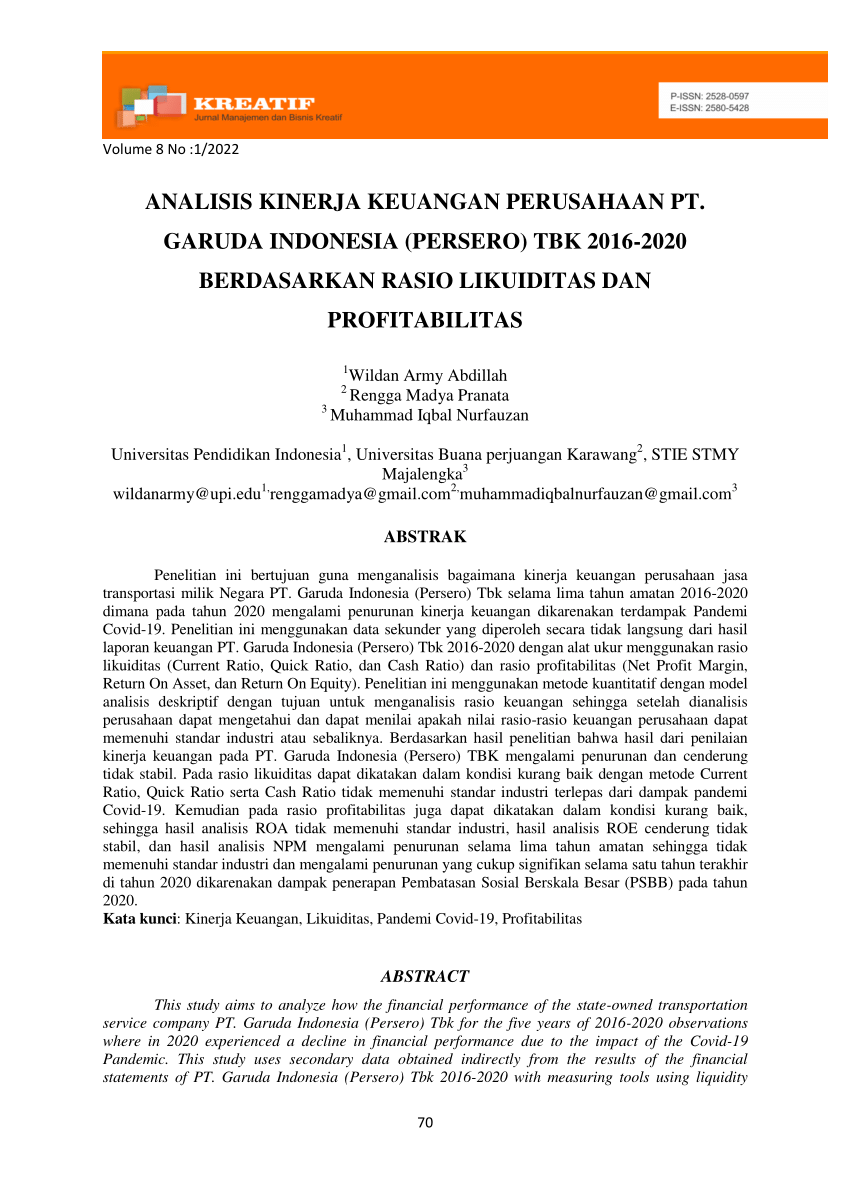 Pdf Analisis Kinerja Keuangan Perusahaan Pt Garuda Indonesia Persero Tbk 2016 2020 0857