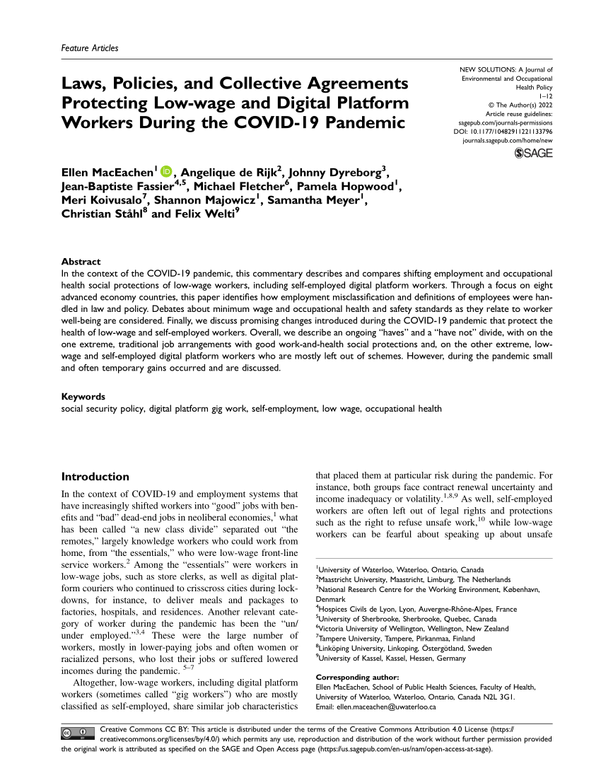 PDF) Laws, Policies, and Collective Agreements Protecting Low-wage and  Digital Platform Workers During the COVID-19 Pandemic