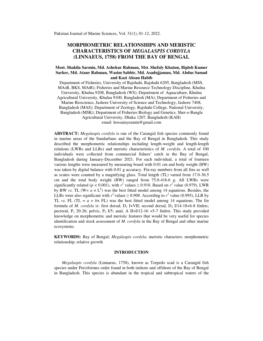 (PDF) MORPHOMETRIC RELATIONSHIPS AND MERISTIC CHARACTERISTICS OF