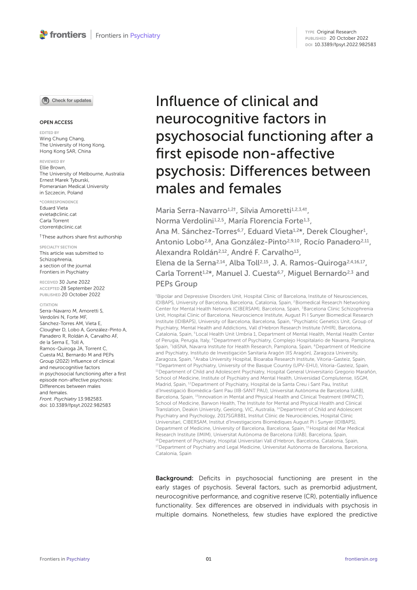 PDF) Influence of clinical and neurocognitive factors in psychosocial  functioning after a first episode non-affective psychosis: Differences  between males and females