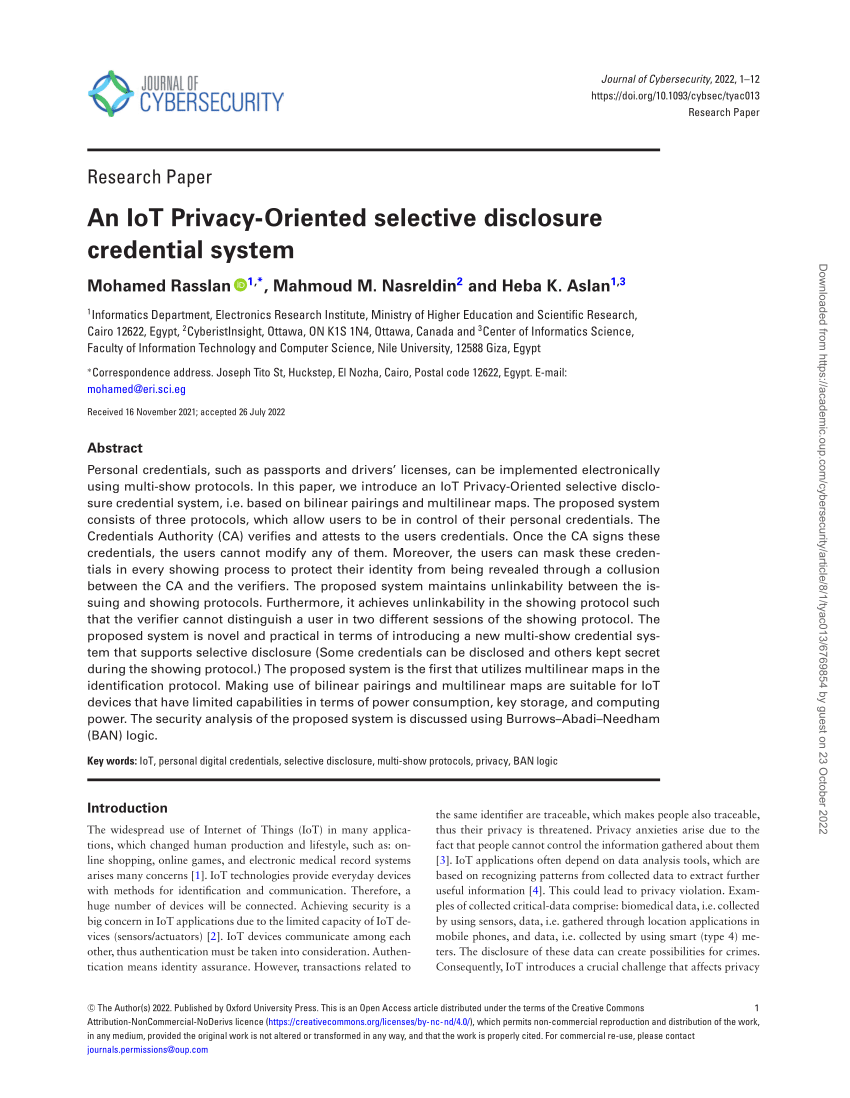 (PDF) An IoT PrivacyOriented selective disclosure credential system