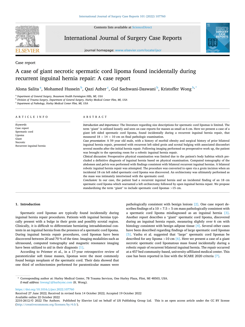 (PDF) A case of giant necrotic spermatic cord lipoma found incidentally ...