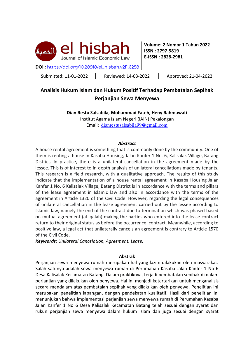 Pdf Analisis Hukum Islam Dan Hukum Positif Terhadap Pembatalan Sepihak Perjanjian Sewa Menyewa 5356