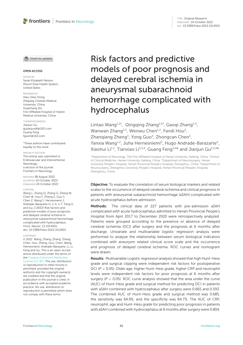 Pdf Risk Factors And Predictive Models Of Poor Prognosis And Delayed Cerebral Ischemia In 9003