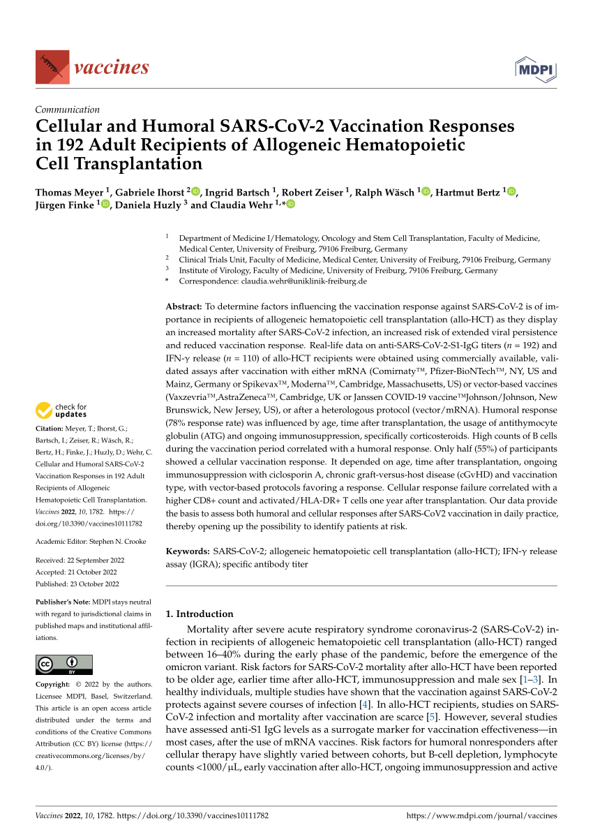 PDF Cellular and Humoral SARS CoV 2 Vaccination Responses in 192  