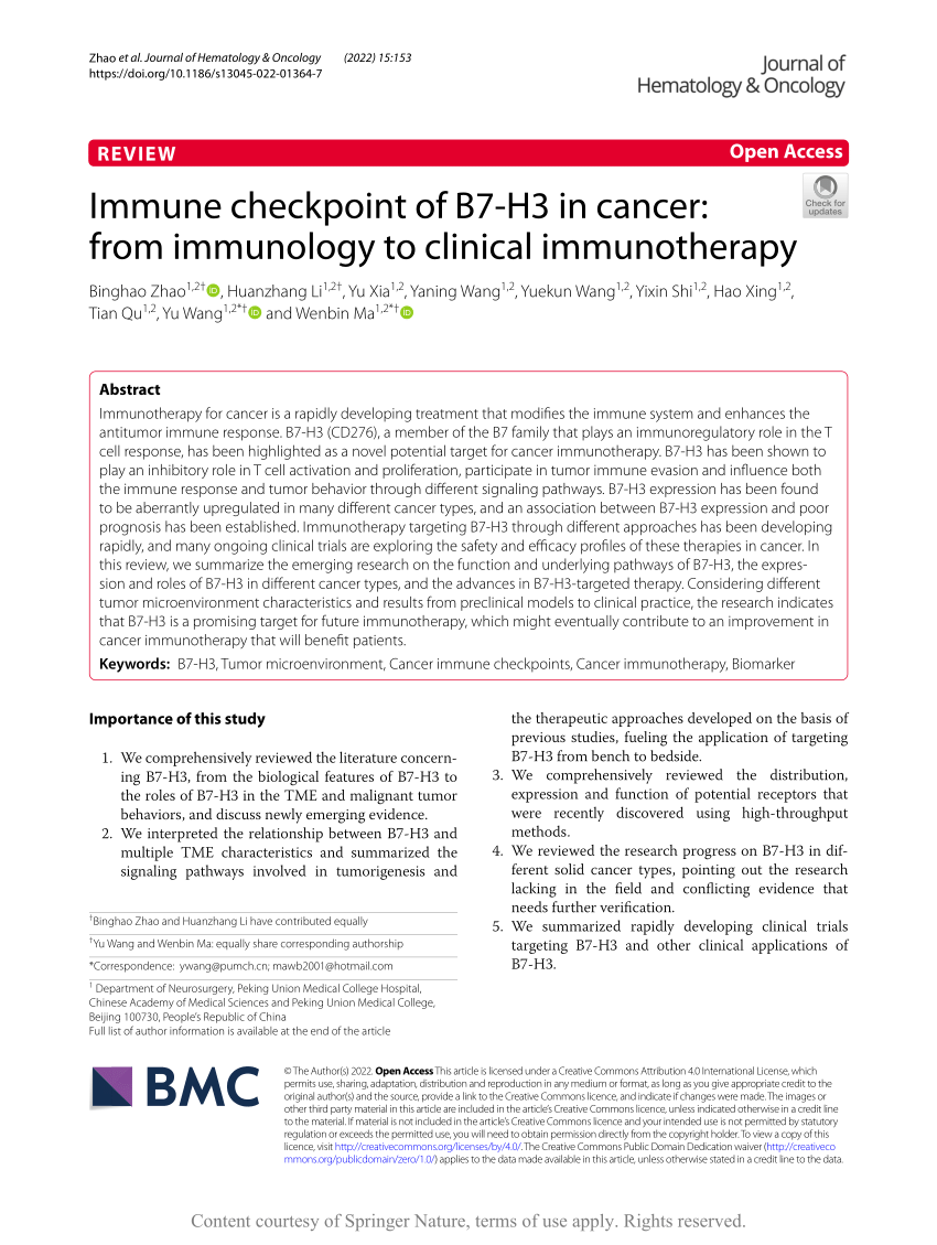 PDF) Immune checkpoint of B7-H3 in cancer: from immunology to 