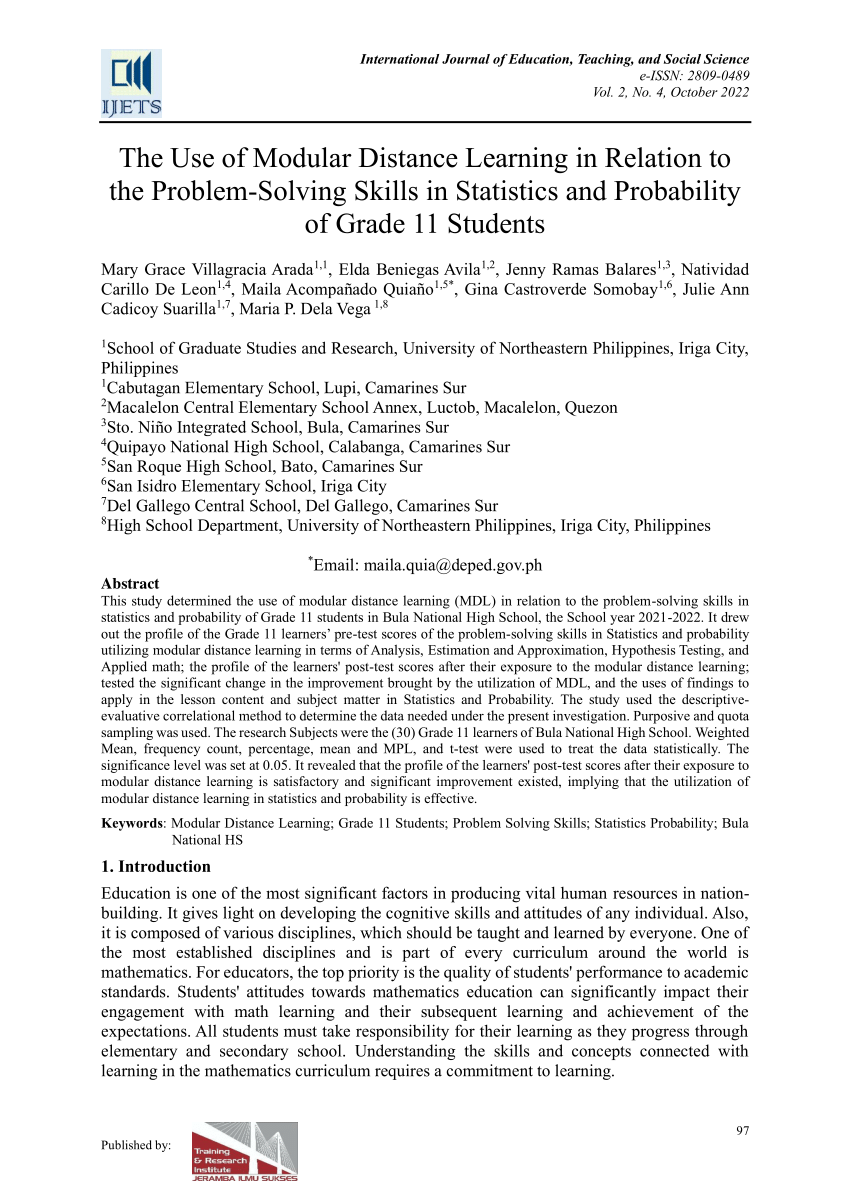 Pdf Use Of Modular Distance Learning In Relation To The Problem Solving Skills In Statistics 2601