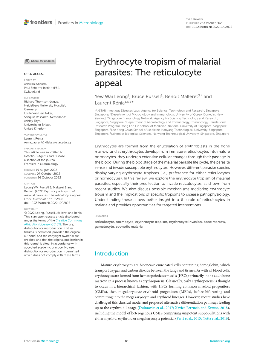 Frontiers  Erythrocyte tropism of malarial parasites: The reticulocyte  appeal