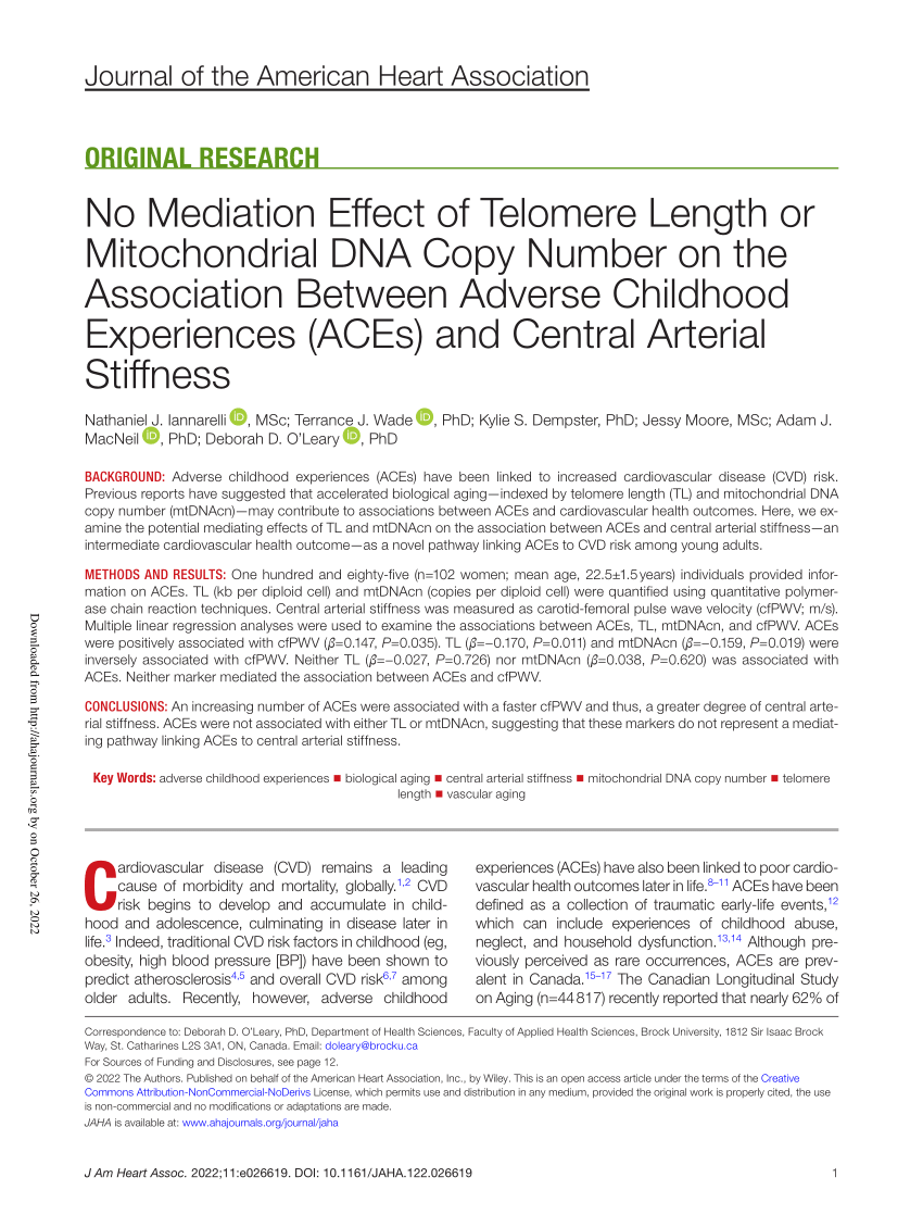 PDF) No Mediation Effect of Telomere Length or Mitochondrial DNA Copy  Number on the Association Between Adverse Childhood Experiences (ACEs) and  Central Arterial Stiffness