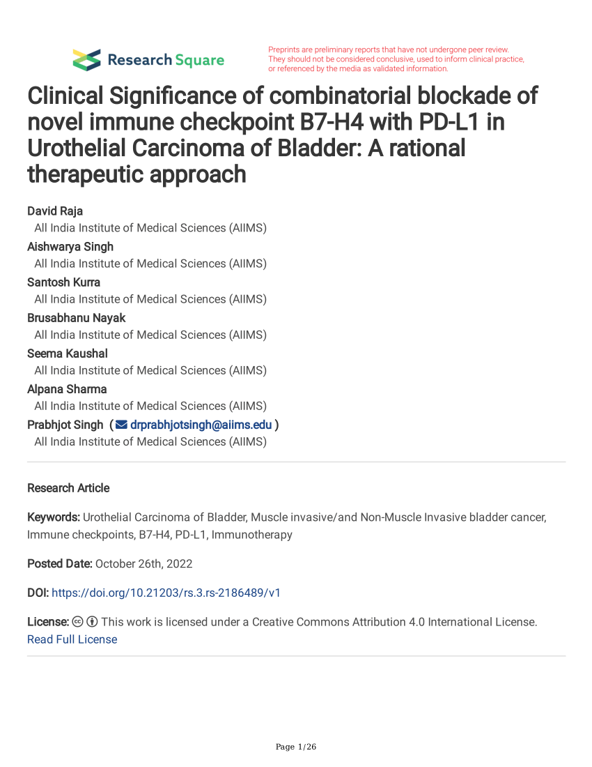 Pdf Clinical Significance Of Combinatorial Blockade Of Novel Immune Checkpoint B7 H4 With Pd 9206