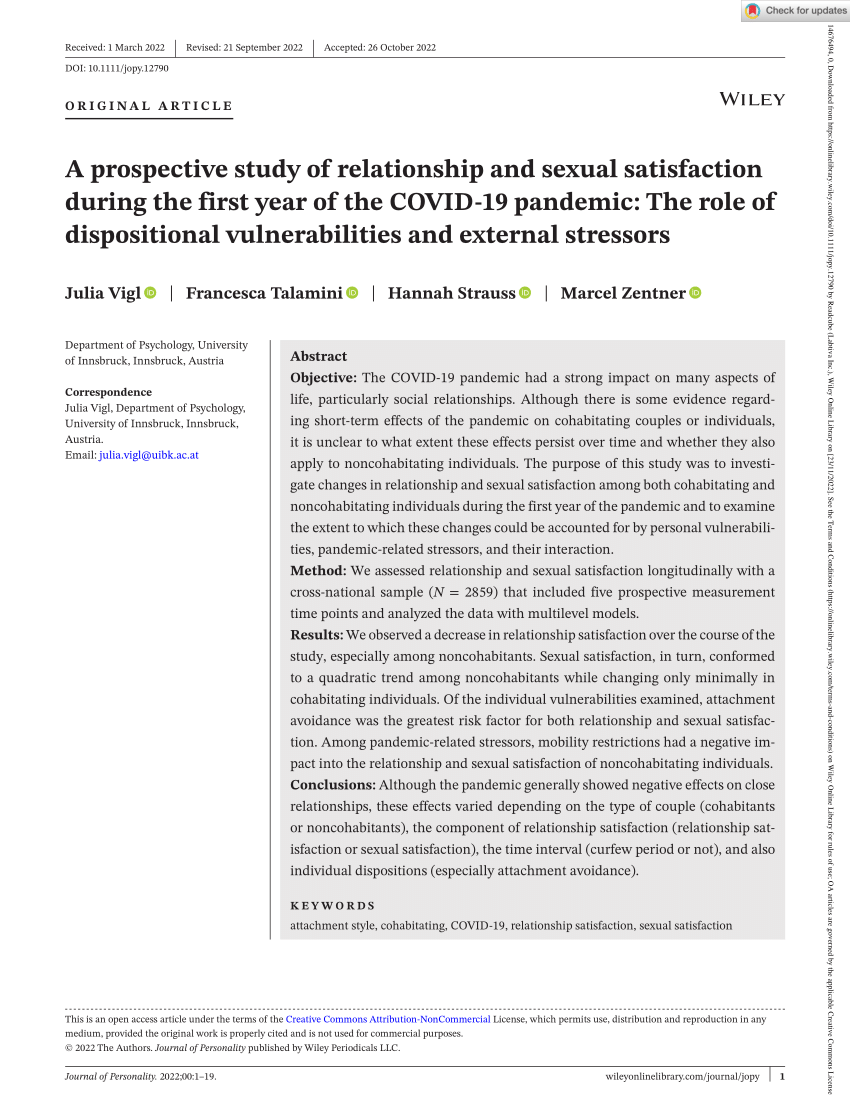 PDF) A Prospective Study of Relationship and Sexual Satisfaction During the First Year of the COVID‐19 Pandemic The Role of Dispositional Vulnerabilities and External Stressors photo