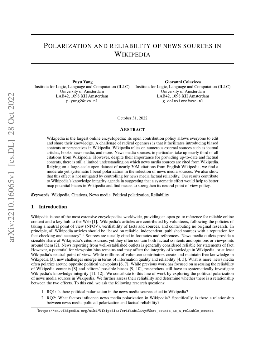 PDF Polarization and reliability of news sources in Wikipedia