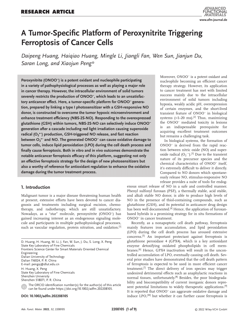 A Tumor‐Specific Platform of Peroxynitrite Triggering Ferroptosis of Cancer  Cells