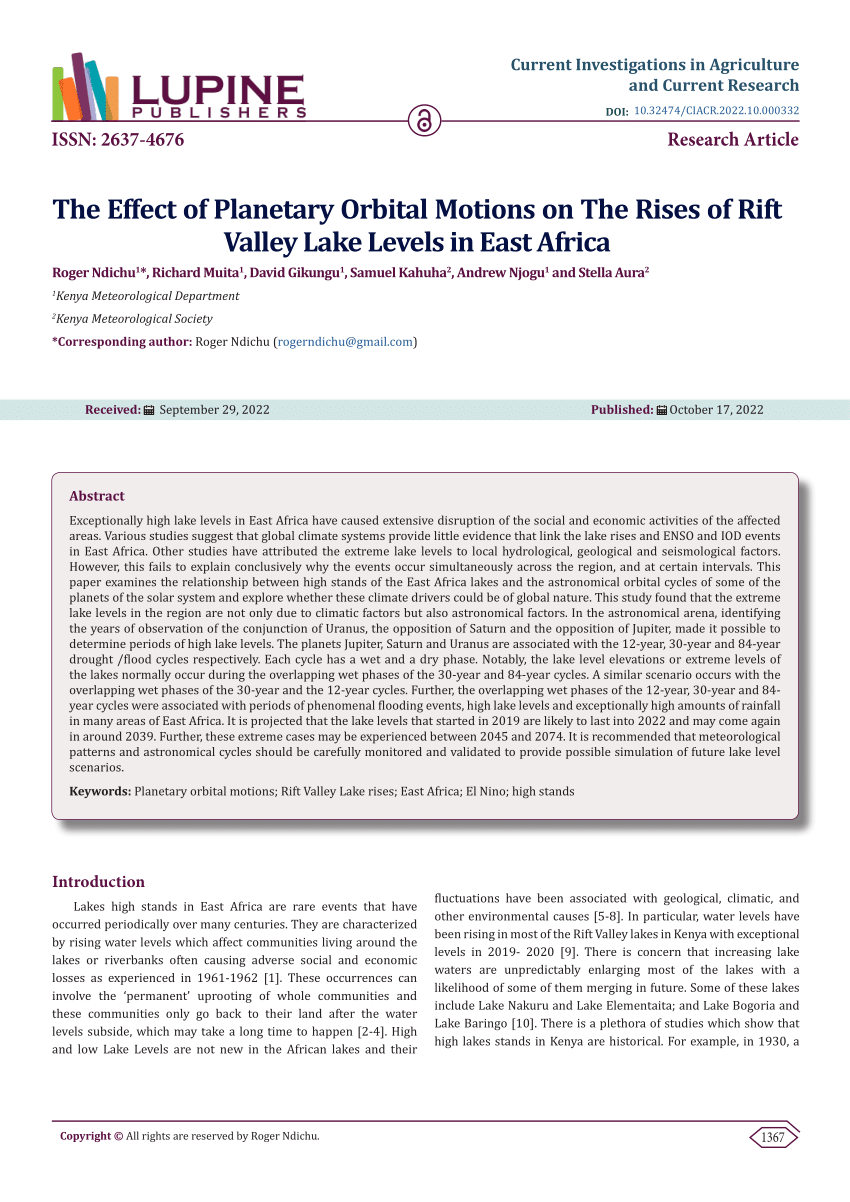 Pdf The Effect Of Planetary Orbital Motions On The Rises Of Rift Valley Lake Levels In East Africa