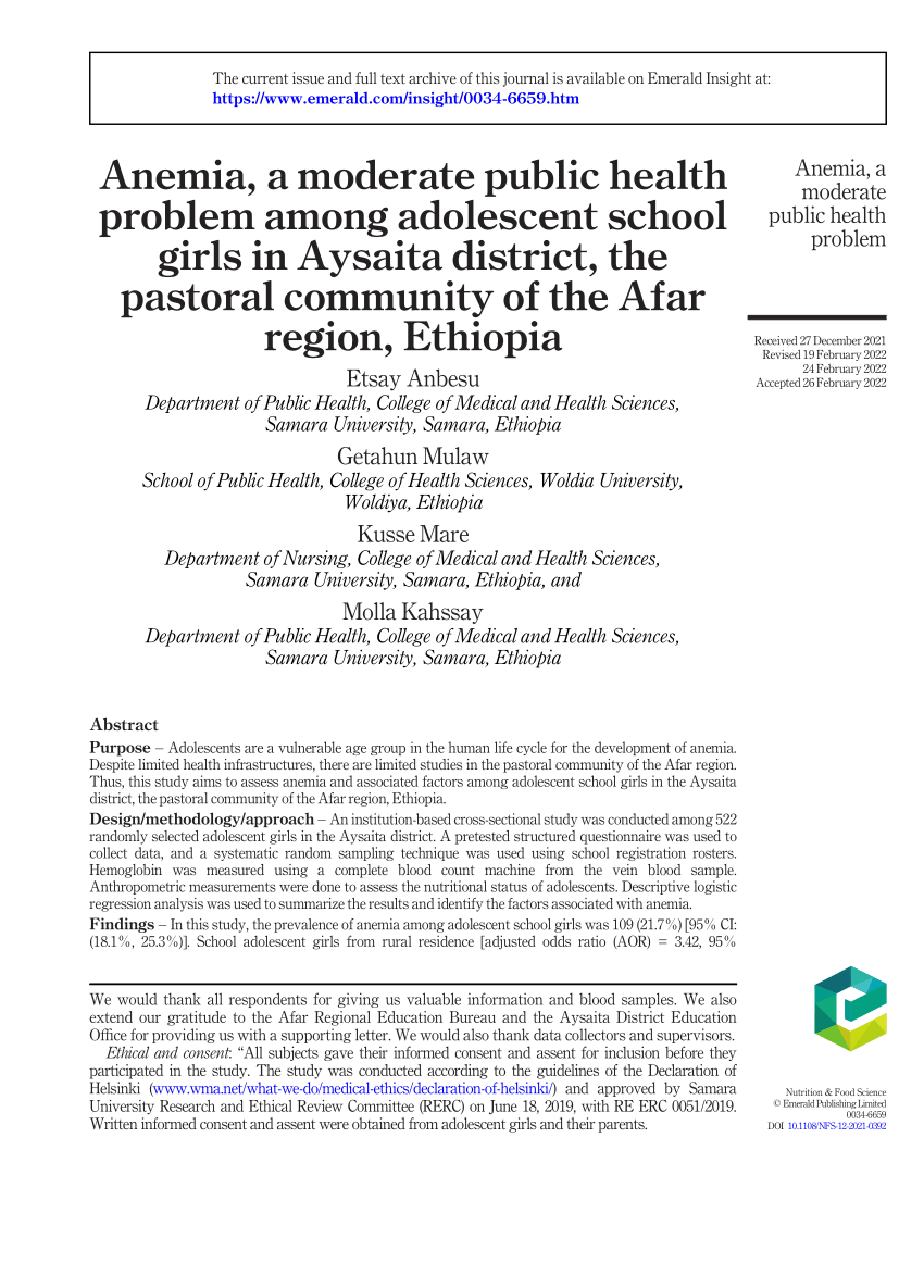 PDF) Anemia, a moderate public health problem among adolescent school girls in Aysaita district, the pastoral community of the Afar region, Ethiopia image