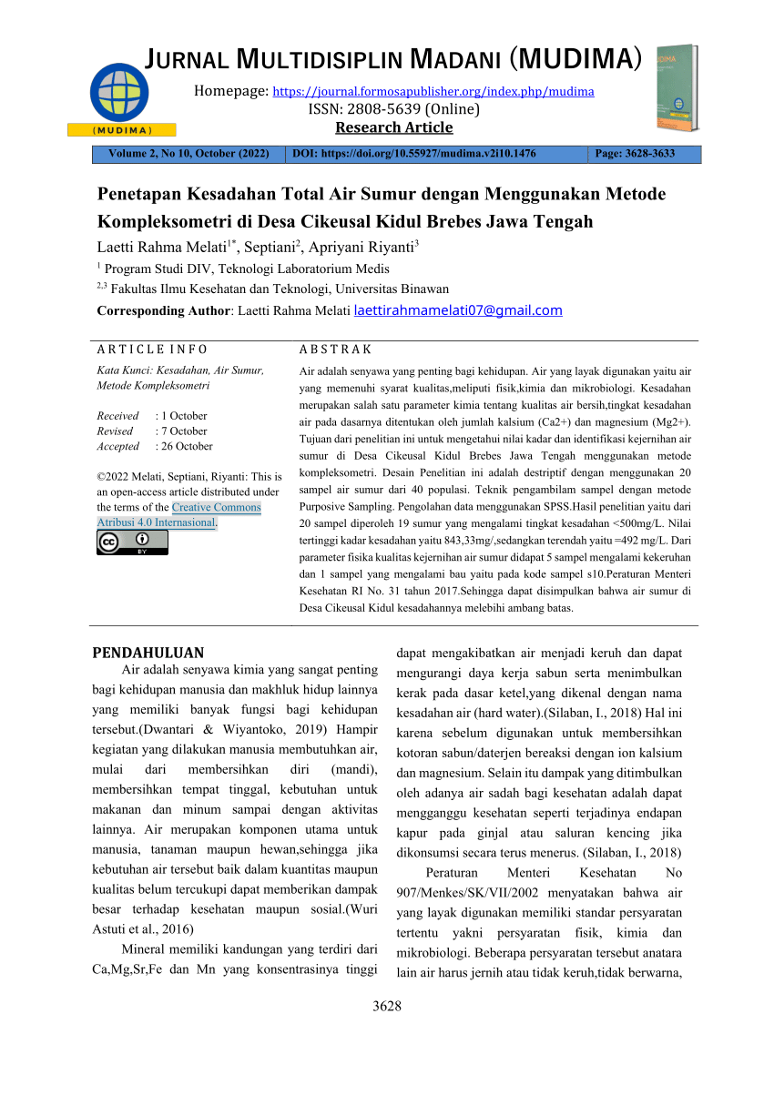 Pdf Penetapan Kesadahan Total Air Sumur Dengan Menggunakan Metode Kompleksometri Di Desa 3320