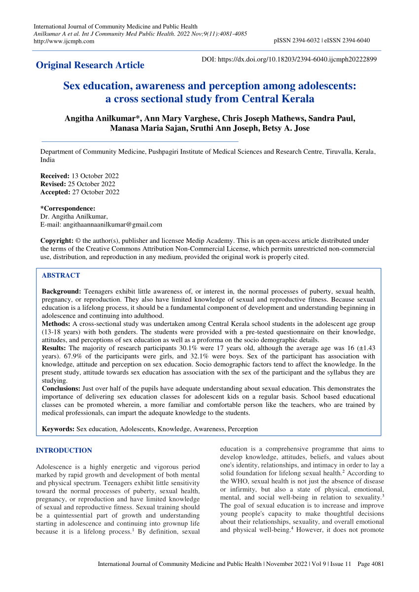 PDF) Sex education, awareness and perception among adolescents: a cross  sectional study from Central Kerala