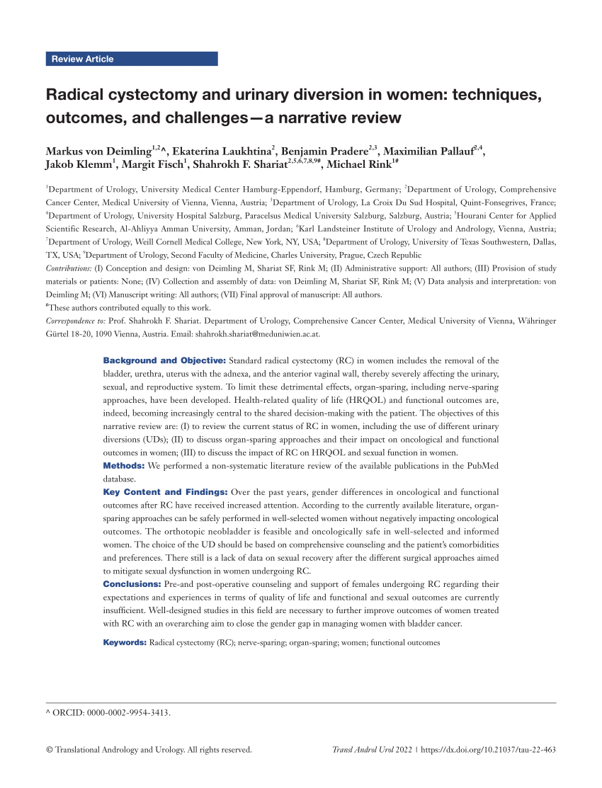 Pdf Radical Cystectomy And Urinary Diversion In Women Techniques Outcomes And Challenges—a 