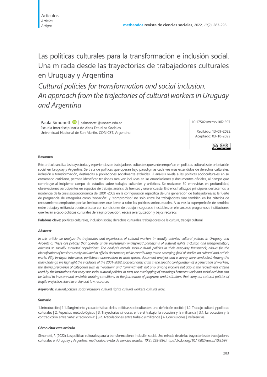 Pdf Las Políticas Culturales Para La Transformación E Inclusión Social Una Mirada Desde Las 8497