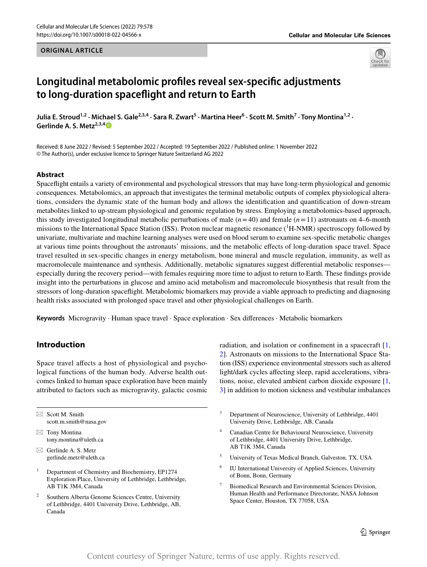 Longitudinal Metabolomic Profiles Reveal Sex Specific Adjustments To Long Duration Spaceflight 