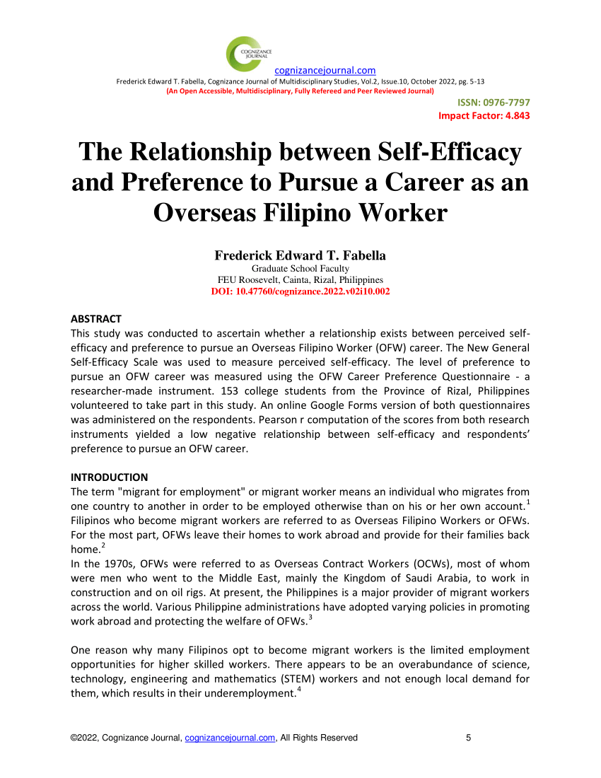 PDF) The Relationship between Self-Efficacy and Preference to Pursue a Career as an Overseas Filipino Worker pic