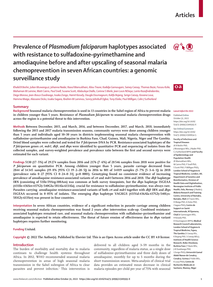 Evolution and spread of Plasmodium falciparum mutations associated with  resistance to sulfadoxine–pyrimethamine in central Africa: a  cross-sectional study - The Lancet Microbe