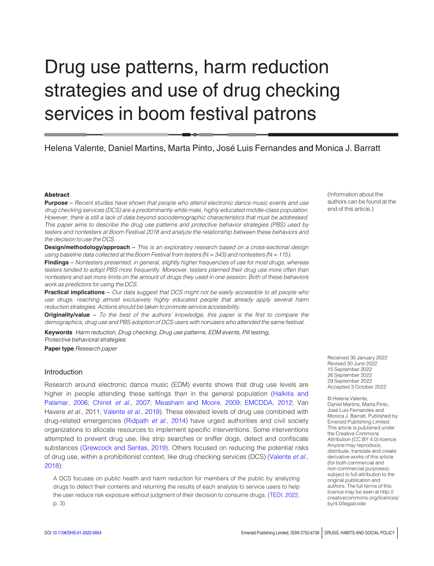 PDF) Drug use patterns, harm reduction strategies and use of drug checking  services in boom festival patrons