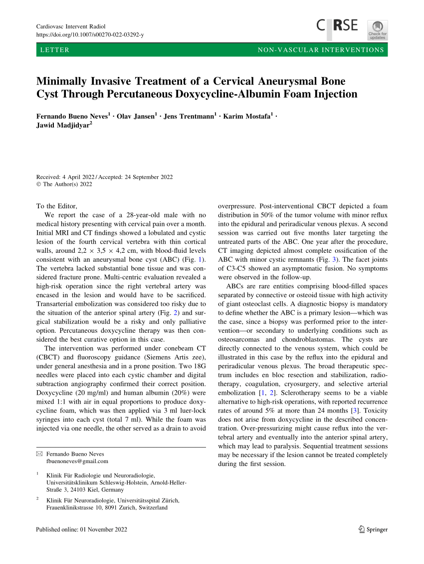 Pdf Minimally Invasive Treatment Of A Cervical Aneurysmal Bone Cyst Through Percutaneous 2919