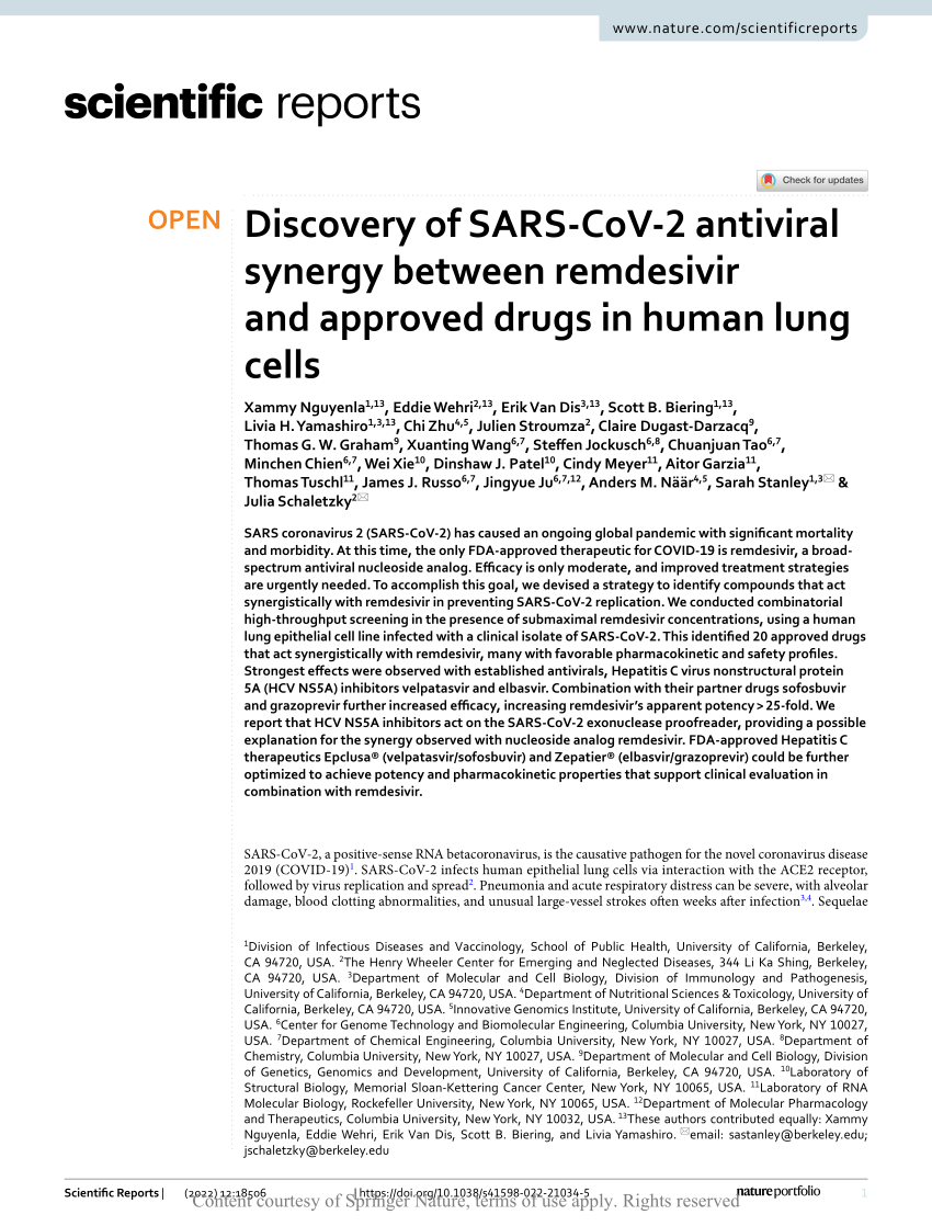 PDF) Discovery of SARS-CoV-2 antiviral synergy between remdesivir