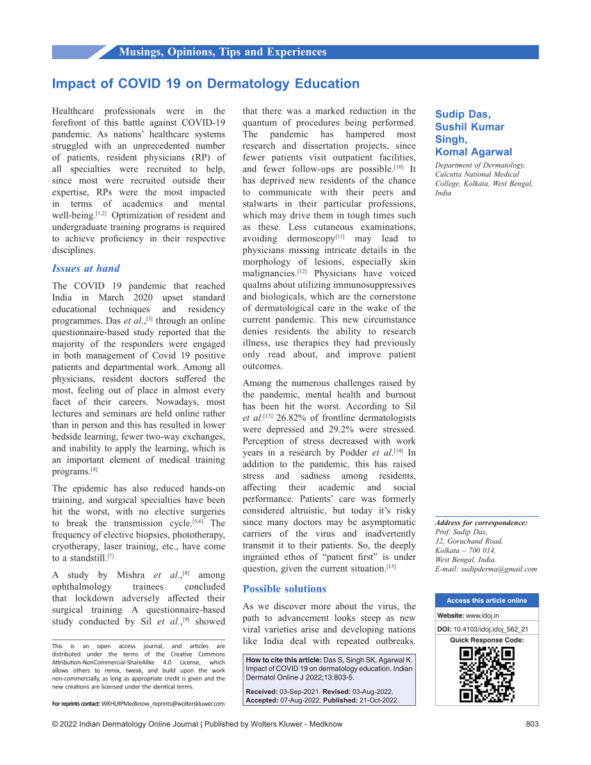 PDF) Impact of COVID 19 on dermatology education