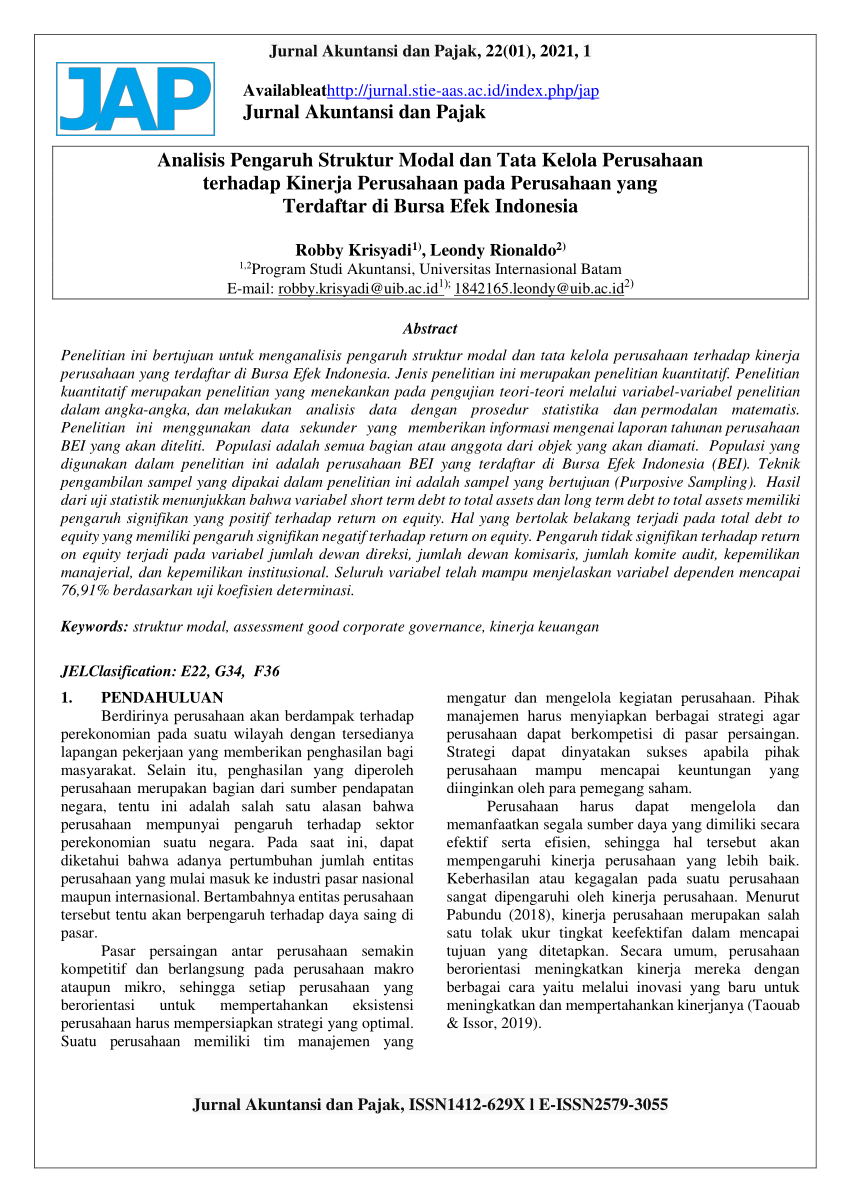 Pdf Analisis Pengaruh Struktur Modal Dan Tata Kelola Perusahaan 7416