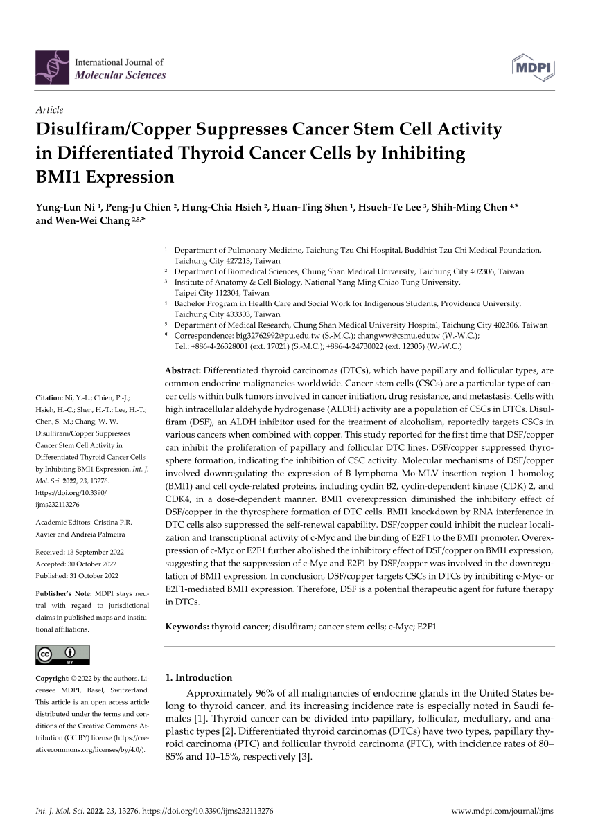 (PDF) Disulfiram/Copper Suppresses Cancer Stem Cell Activity in