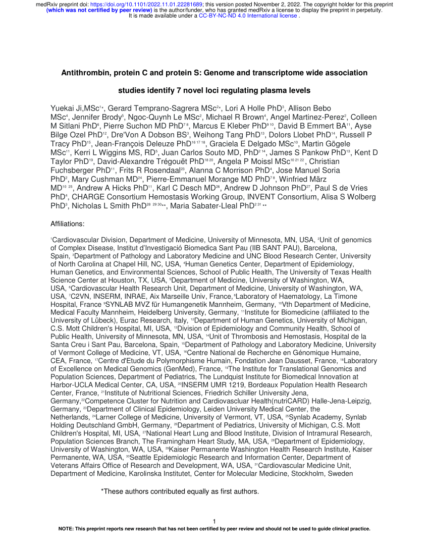 Antithrombin, Protein C, and Protein S: Genome and Transcriptome-Wide  Association Studies Identify 7 Novel Loci Regulating Plasma Levels