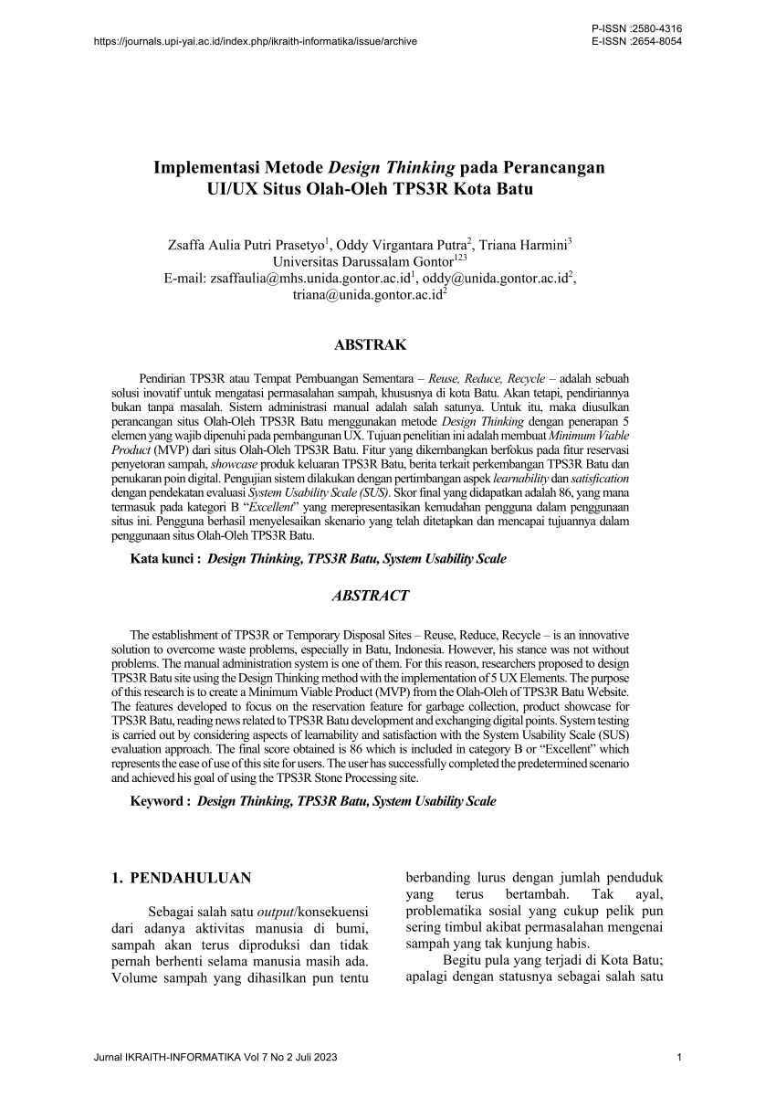 Pdf Implementasi Metode Design Thinking Pada Perancangan Uiux Situs Olah Oleh Tps3r Kota Batu 7482