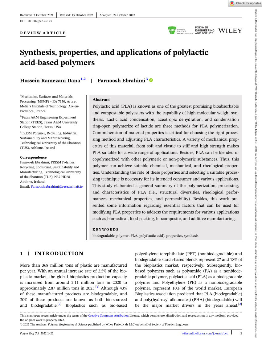 (PDF) Synthesis, properties, and applications of polylactic acid-based ...