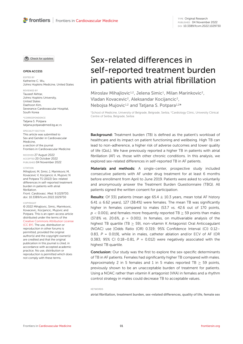 Pdf Sex Related Differences In Self Reported Treatment Burden In Patients With Atrial Fibrillation 1363