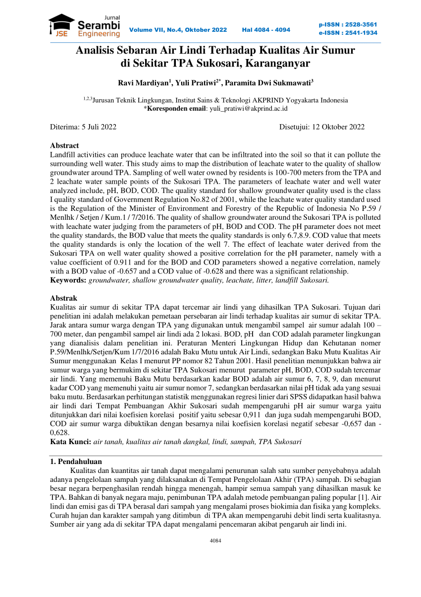 Pdf Analisis Sebaran Air Lindi Terhadap Kualitas Air Sumur Di Sekitar