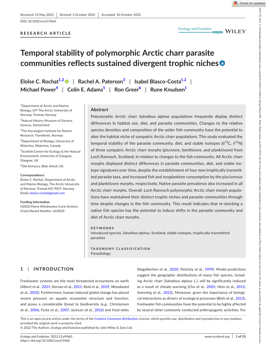 PDF) Temporal stability of polymorphic Arctic charr parasite communities  reflects