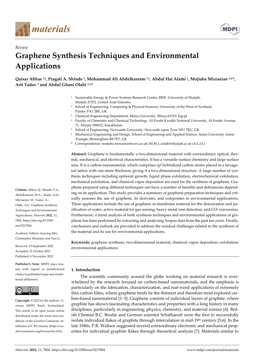 PDF) Graphene Synthesis Techniques and Environmental Applications