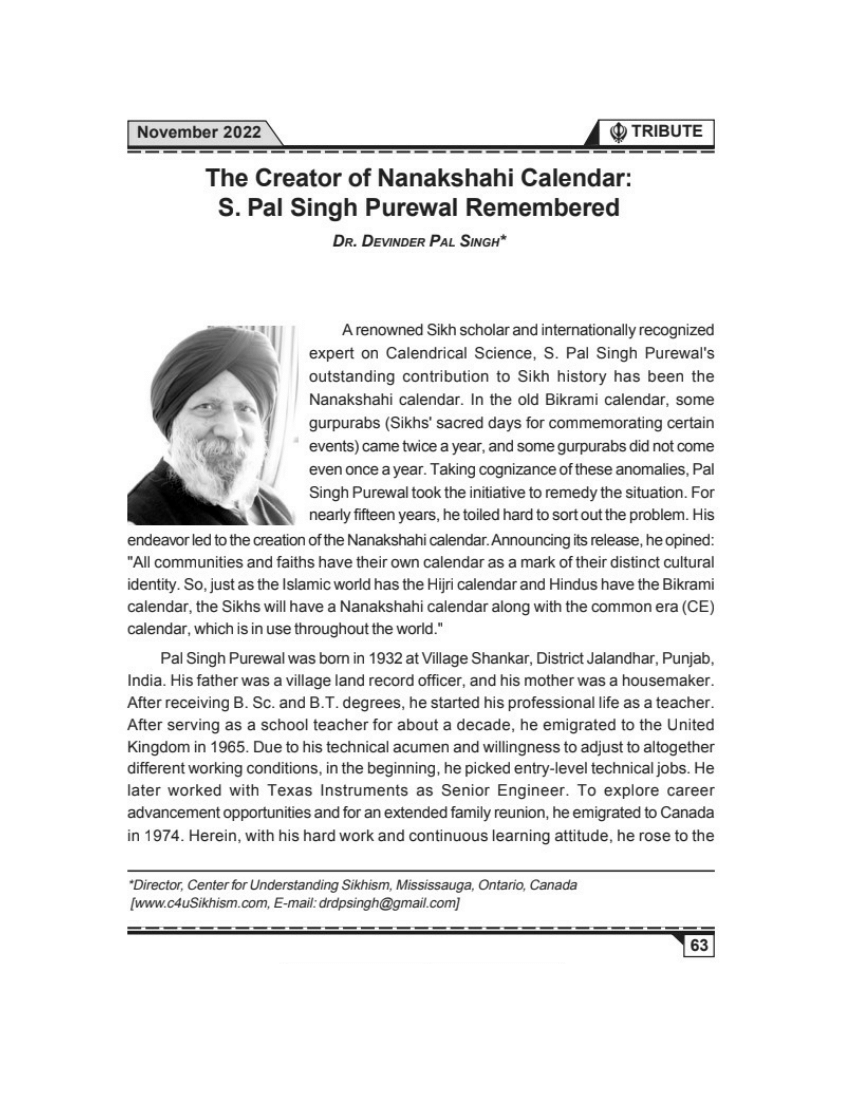 (PDF) The Creator of the Nanakshahi Calendar S. Pal Singh Purewal