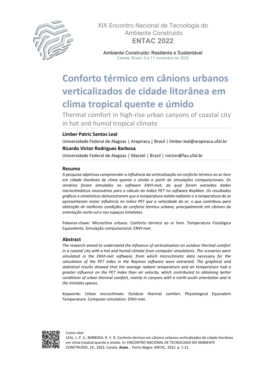 Pdf Conforto Térmico Em Cânions Urbanos Verticalizados De Cidade Litorânea Em Clima Tropical 9360