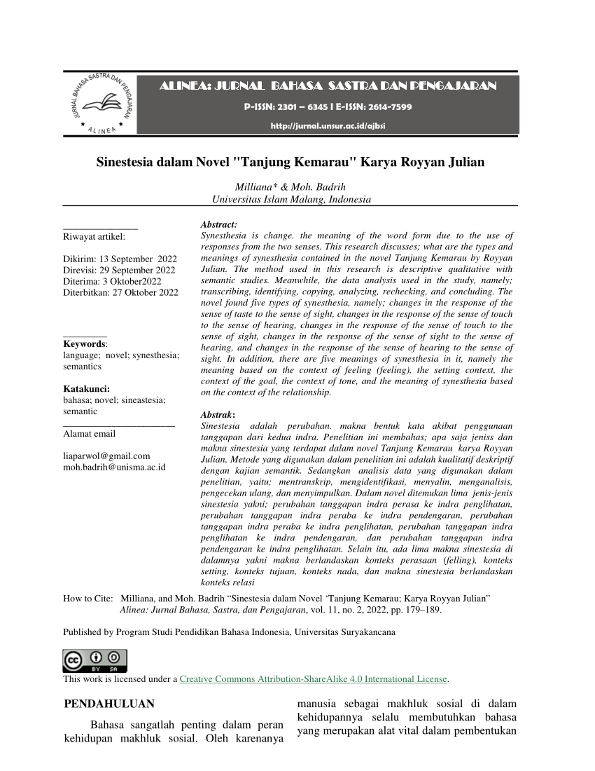 (PDF) Sinestesia dalam Novel "Tanjung Kemarau" Karya Royyan Julian
