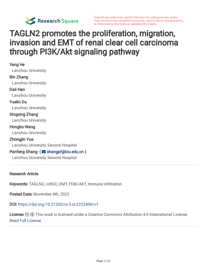 Pdf Tagln2 Promotes The Proliferation Migration Invasion And Emt Of Renal Clear Cell 