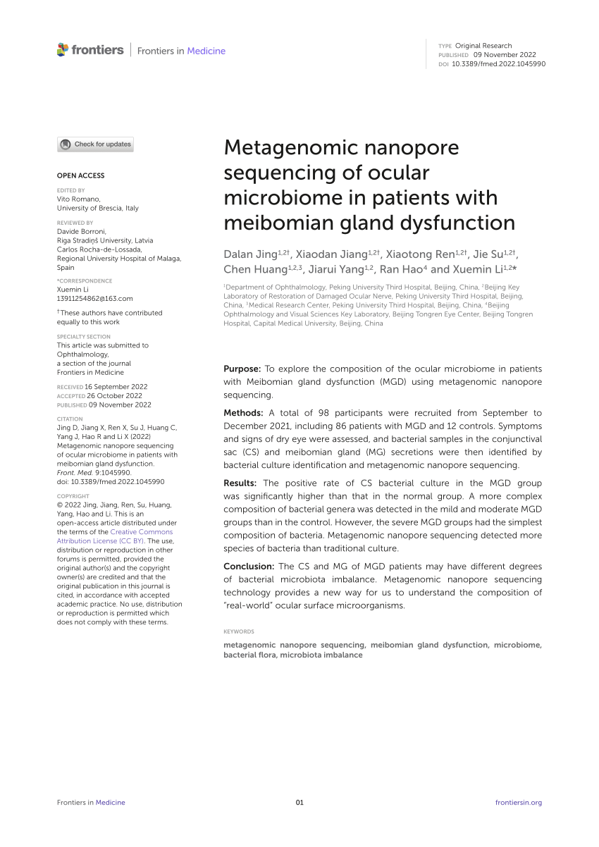 Pdf Metagenomic Nanopore Sequencing Of Ocular Microbiome In Patients With Meibomian Gland 