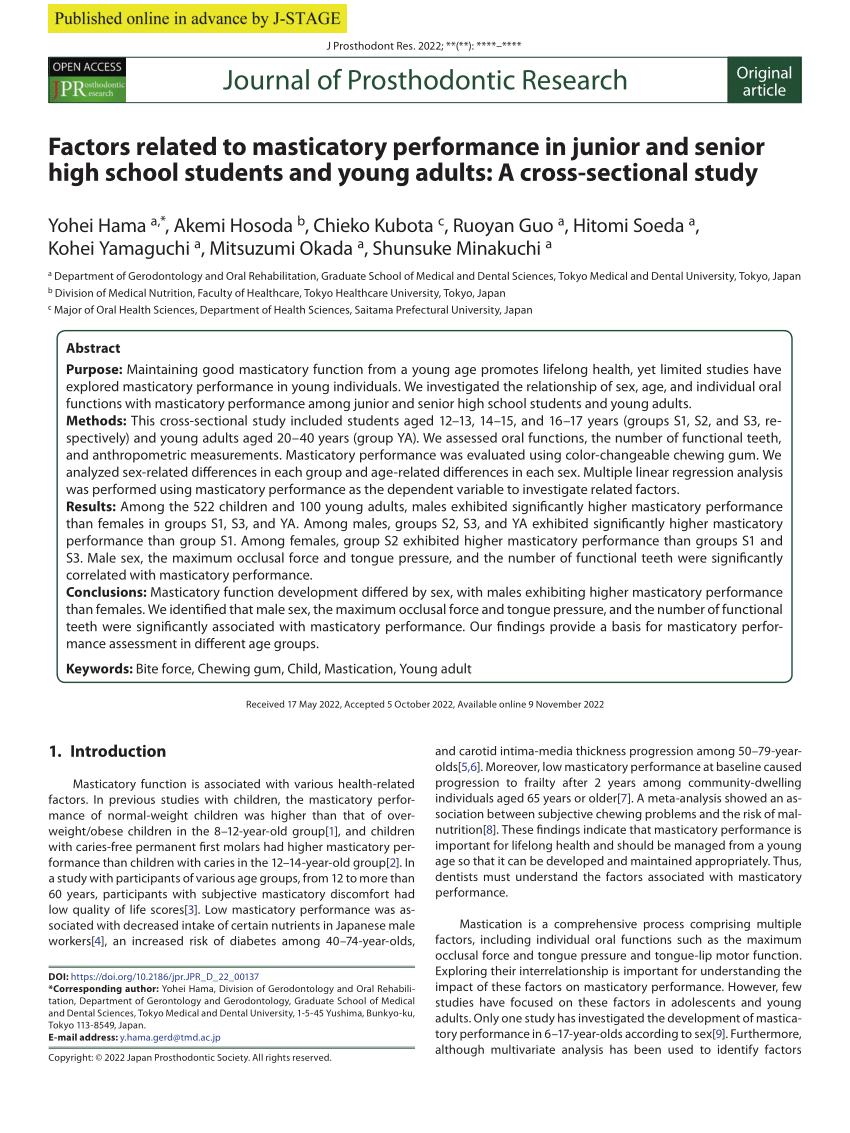 PDF) Factors related to masticatory performance in junior and senior high  school students and young adults: A cross-sectional study