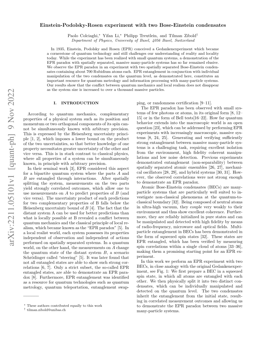 einstein podolsky rosen experiment with two bose einstein condensates