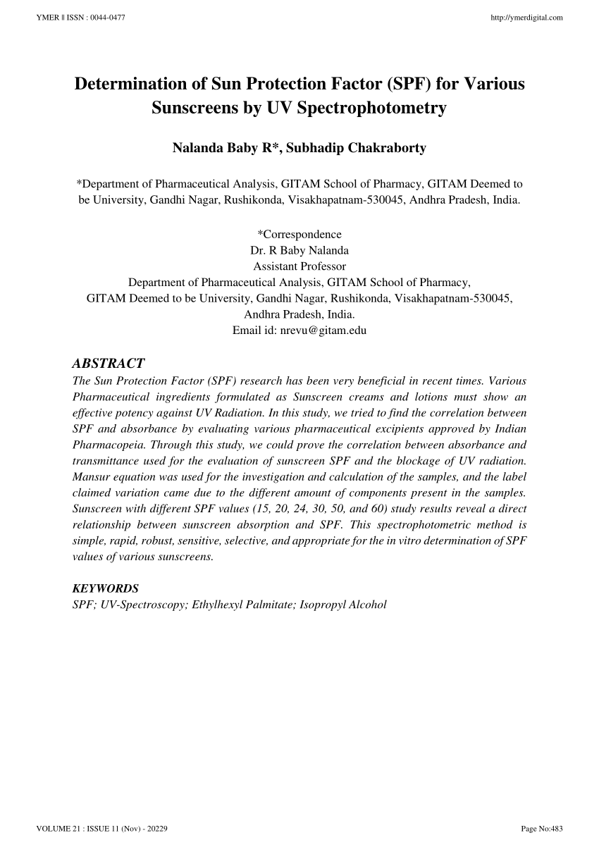 (PDF) Determination of Sun Protection Factor (SPF) for Various